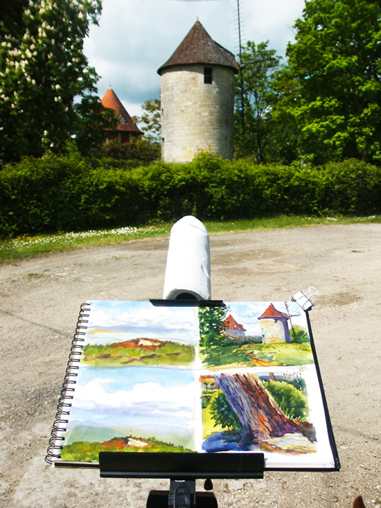 Photograph of watercolor plein air setup in Domme France by John Hulsey